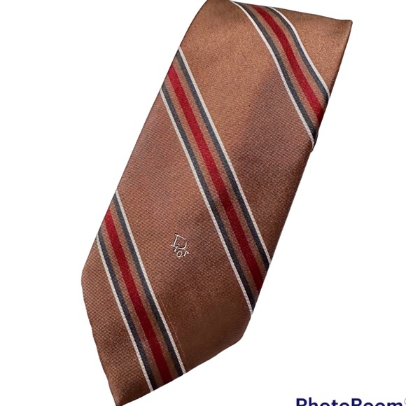 Christian Dior Tie Brown with Tiny Red & Cream Stripes Luxury Wear w/Logo - Picture 8 of 8